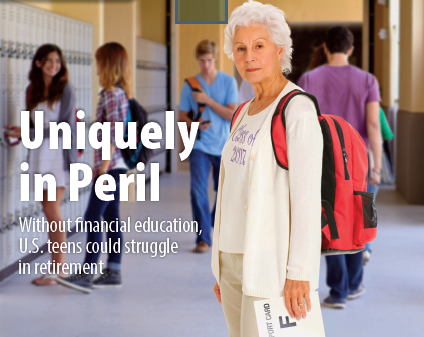 Elderly woman posing as a student in a high school hallway