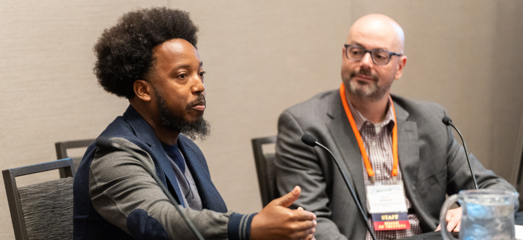Emile Washington of BlackFem and Billy Hensley during a panel discussion at the FEI&I Summit
