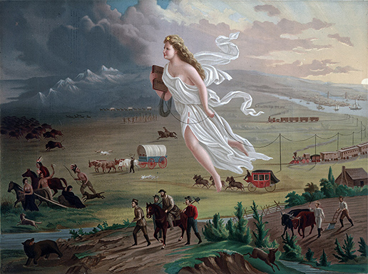 A painting shows Manifest Destiny, the belief in westward expansion of the United States from the Atlantic to the Pacific Ocean. 