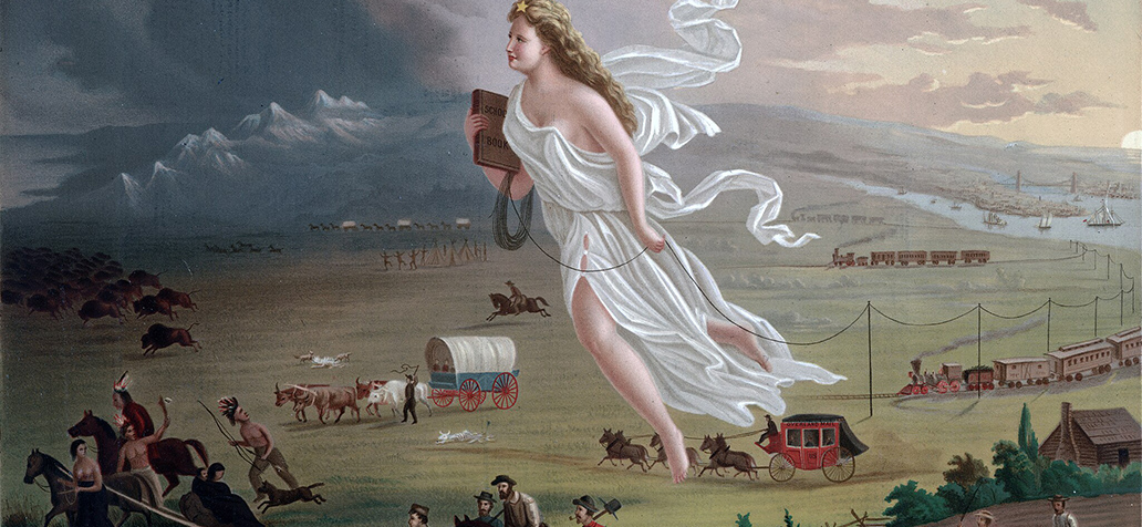 A painting shows Manifest Destiny, the belief in westward expansion of the United States from the Atlantic to the Pacific Ocean.