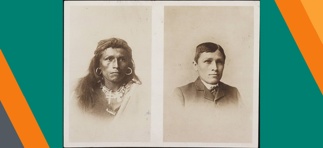 Black and white photographic portrait of a Navajo by J. N. Choate, taken when student arrived and then 3 years later.